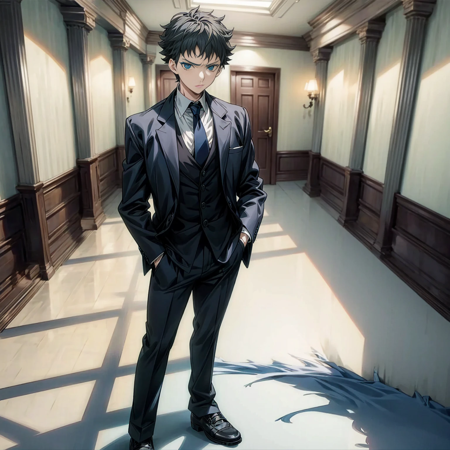 Solo character, full body version, kid boy, blue color hair, short Curly hairstyle, blue eyes, angry eyes, formal suit style clothing, white color clothing, red tie, black long pants, shoes, detailed shadow, indoor, Inn, evening, no people, standing gesture, employees, (black clover style art)