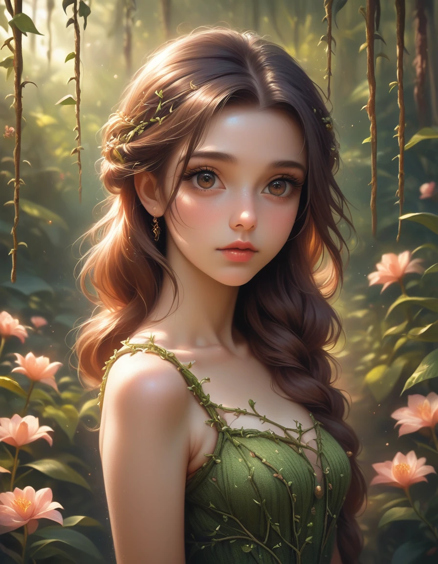 a cute girl in a green dress, standing in a lush rainforest at dusk, detailed face, beautiful eyes, long eyelashes, delicate features, soft skin, flowers and vines in the background, warm golden lighting, cinematic mood, detailed foliage, depth of field, photorealistic, 8k, masterpiece, high quality, Dusk, light, Glitter ✨ 