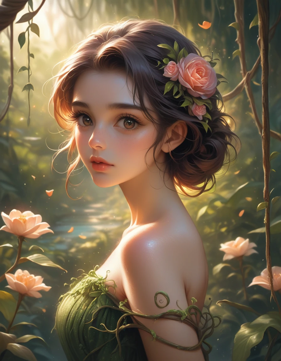 a cute girl in a green dress, standing in a lush rainforest at dusk, detailed face, beautiful eyes, long eyelashes, delicate features, soft skin, flowers and vines in the background, warm golden lighting, cinematic mood, detailed foliage, depth of field, photorealistic, 8k, masterpiece, high quality, Dusk, light, Glitter ✨