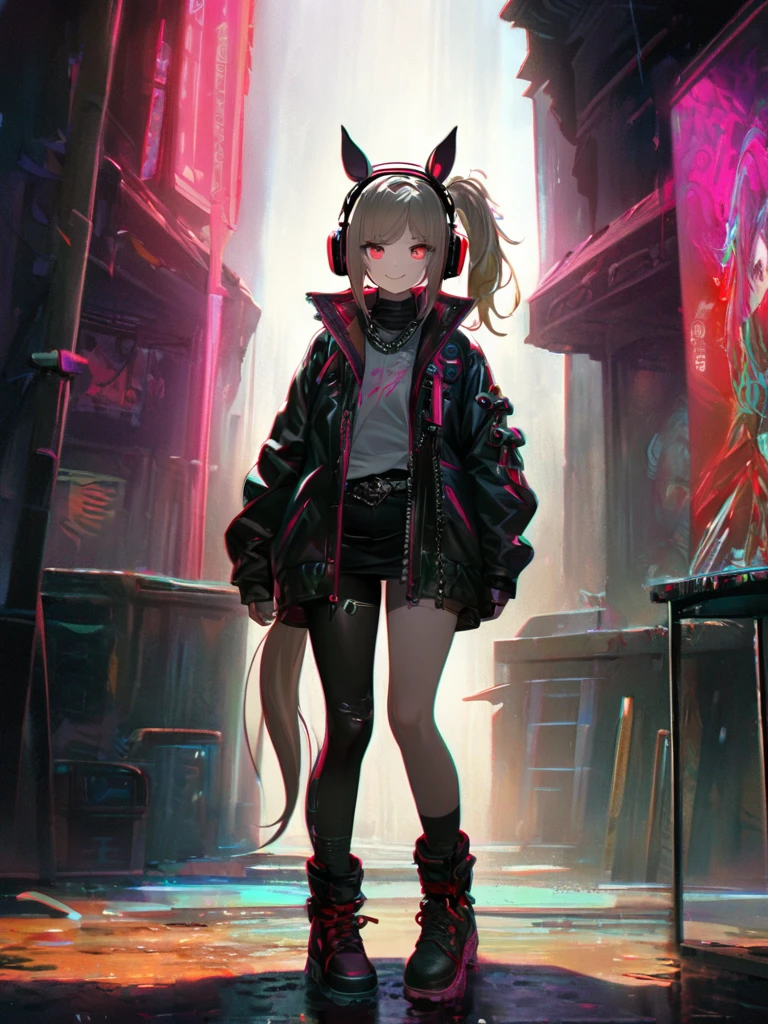 1 girl, chromatic aberration, Written boundary depth, Soft Light, masterpiece, Highest quality, complicated, Tone Mapping, Very detailed, Art Station, Concept Art, Smooth, Clear focus, Dramatic lighting, Very detailed artwork, movie, super practical painting, Art Station's trending, 8k, Incredible Shadows, practical, (Very detailed background:1.0), whole body, View, Viewers, Very detailed portrait of one girl 1, standing on street corner, Heavy rain and lightning、Dark Sky, neon and cyber punk background, she is dressed in punk clothing with silver chains and silver spikes, Her hair was dyed light brown....,The middle part is black, She is wearing headphones, Detailed red eyes with clear pupils, Ominous aura of light, smile, punk, ciber punk, Backlight.Has horse ears、There is a horse tail,Approaching the horse.No headphones needed、More Horses