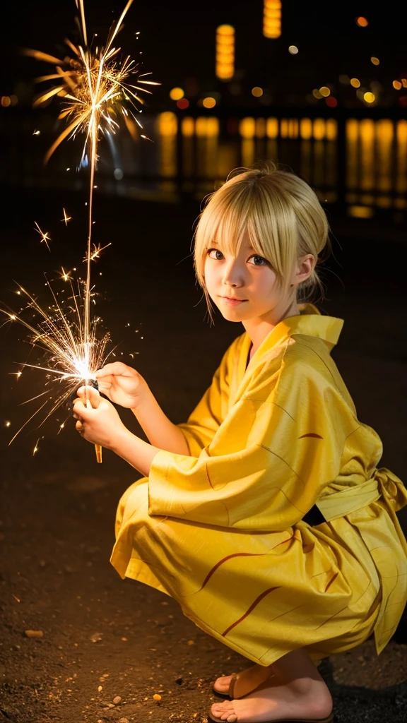 Blonde anime girl in a yellow yukata,Holding a sparkler in your hand,squat