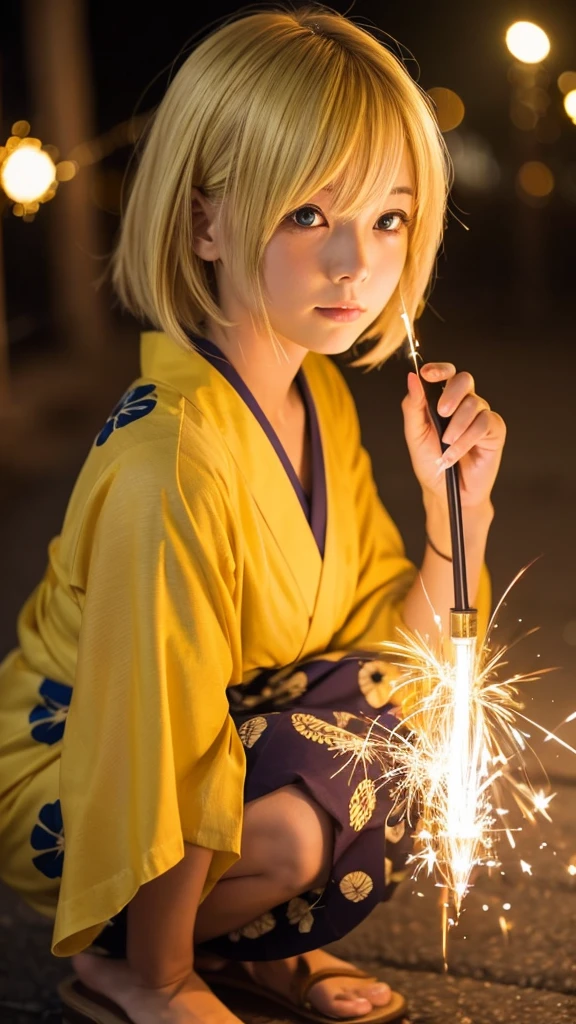 Blonde anime girl in a yellow yukata,Holding a sparkler in your hand,squat