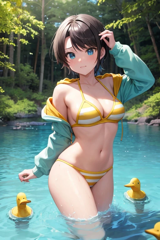 subaru Bikini Swimwear Wet hoodie Lake in the forest Standing in the lake Flock of ducks Angry