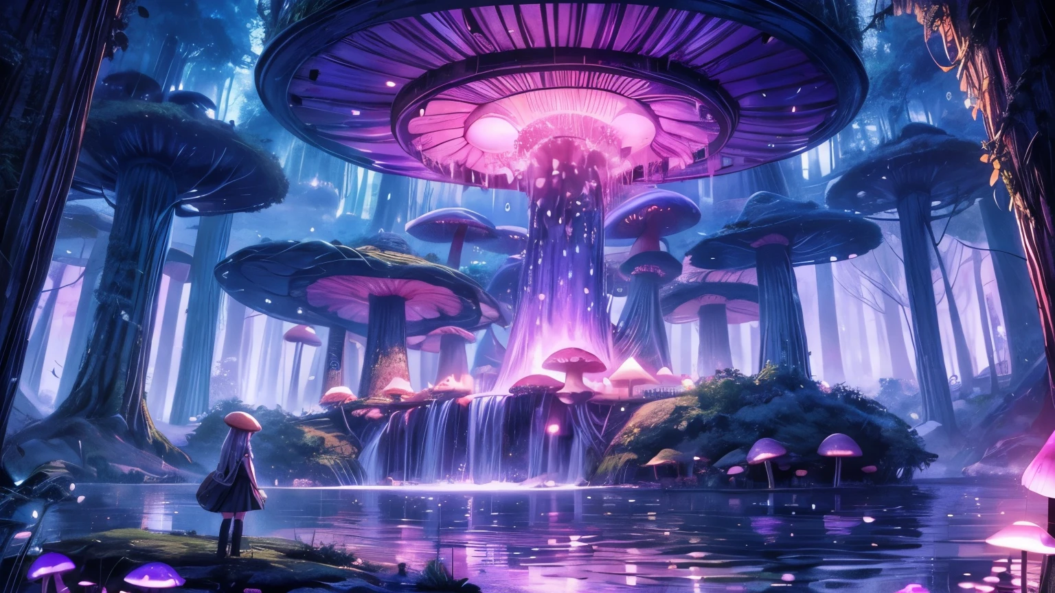 mushroom forest, girl in the center, Lake with waterfalls, there is a big mushroom in the center, forest made out of mushroom, thick mushrooms, there are mushrooms around, tall mushrooms, Purple sky, blue fireflies, anime, 8k