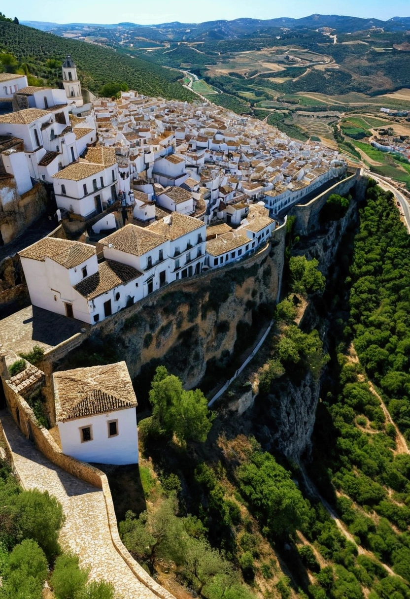 The devil's most beautiful woman descends、Spanish white villages、Arcos de la Frontera、Intricate cityscape、8k、Realistic texture、High-detail images