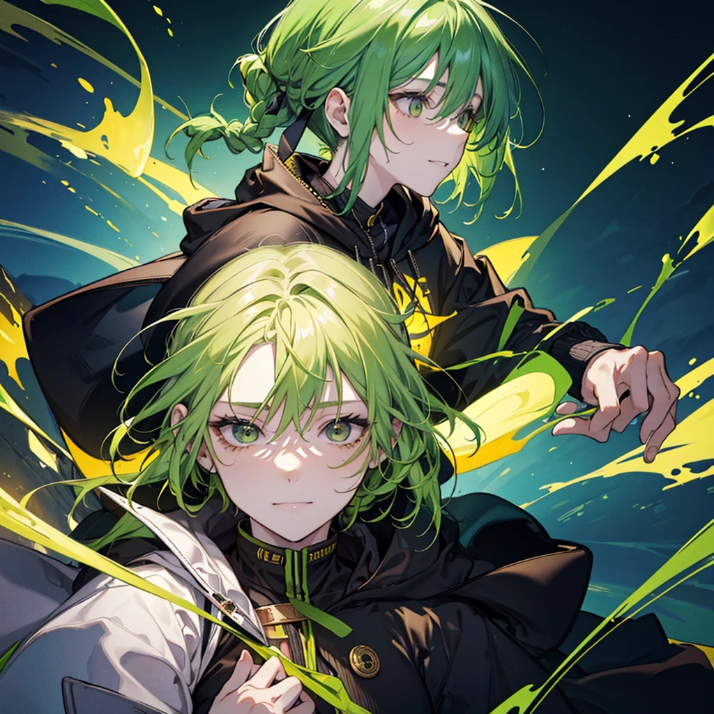Yellow-green hair,Braiding,woman,Bend your elbows,smile,Black hoodie with droopy ears,Student skirt,cute,profile,Gamer、Wearing a hoodie,sit,Relax at the cafe,Peace under the chin,Hair that reaches the shoulders