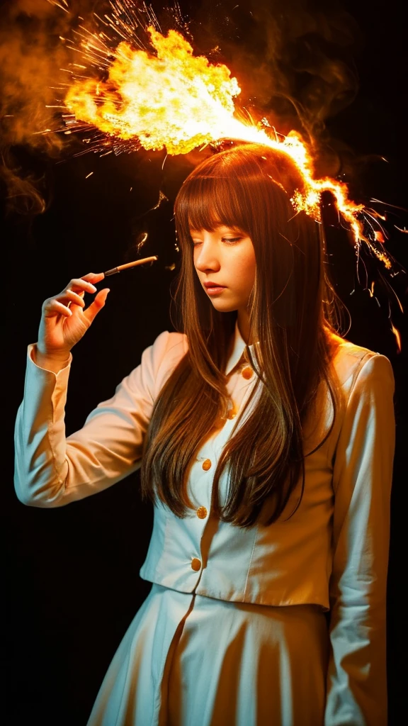 One girl, bangs, breathing fire, combustion, Burnt clothes, 残りfire, Ahoge, Beige Hair, Multicolored Hair, fire, inflammation, inflammationの剣, (Put your hand on the handle), Are standing, Long Hair,  Pyrokinesis, Expressionless, cigarette, flower(symbol),  alone, fireflower, sunset, Twilight, white flower, lava, Yuri (flower),  fiery flower, Depth of written boundary, combustion ,