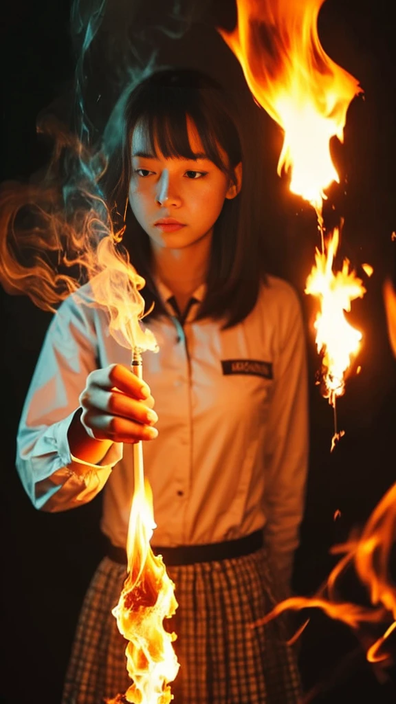 One girl, bangs, breathing fire, combustion, Burnt clothes, 残りfire, Ahoge, Beige Hair, Multicolored Hair, fire, inflammation, inflammationの剣, (Put your hand on the handle), Are standing, Long Hair, Pyrokinesis, Expressionless, cigarette, flower(symbol), alone, fireflower, sunset, Twilight, white flower, lava, Yuri (flower), fiery flower, Depth of written boundary, combustion ,