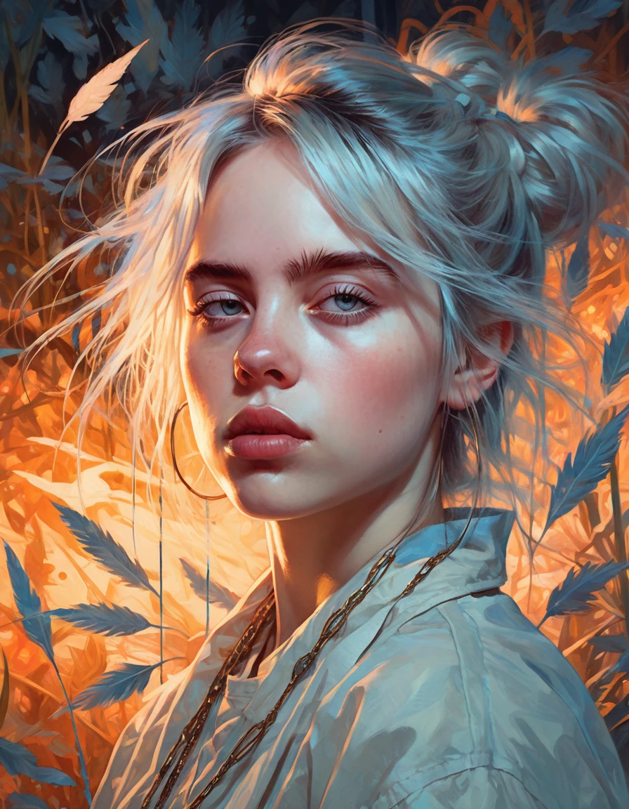 (Ohwx Woman) Very detailed, Digital paint, art station, standing, in front of the camera, Conceptual art, seeds, sharp focus, illustration, art by artgerm and alphonse mucha, high definition digital art, dramatic lighting, fractal networks in the background, al estilo de ilya kuvshinov y Ross tran