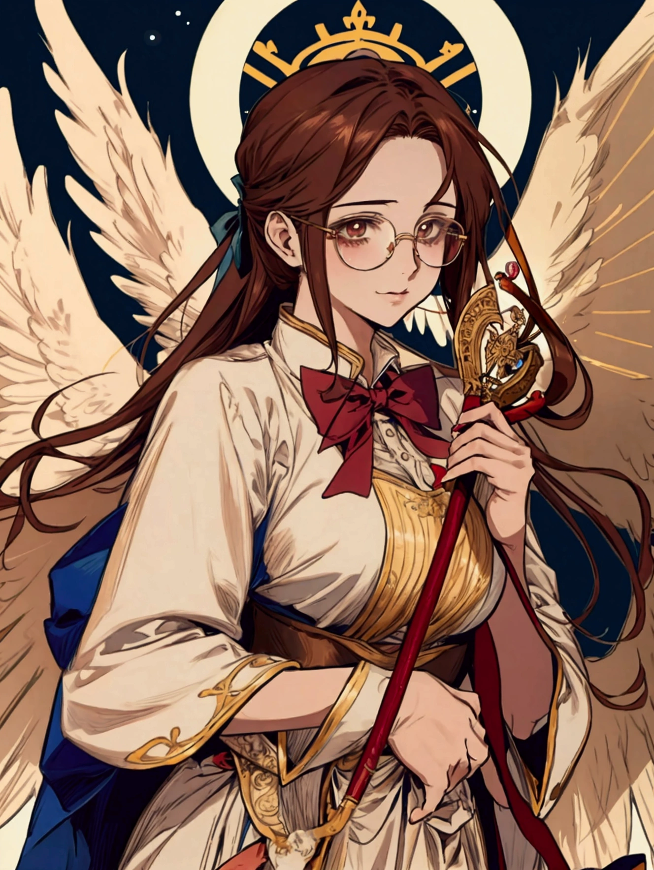 anime cupid , glasses , short , Greek cloth , holding a bow , short , sexy , wings , brown hair , with a bow , angel wings , happy, thick 