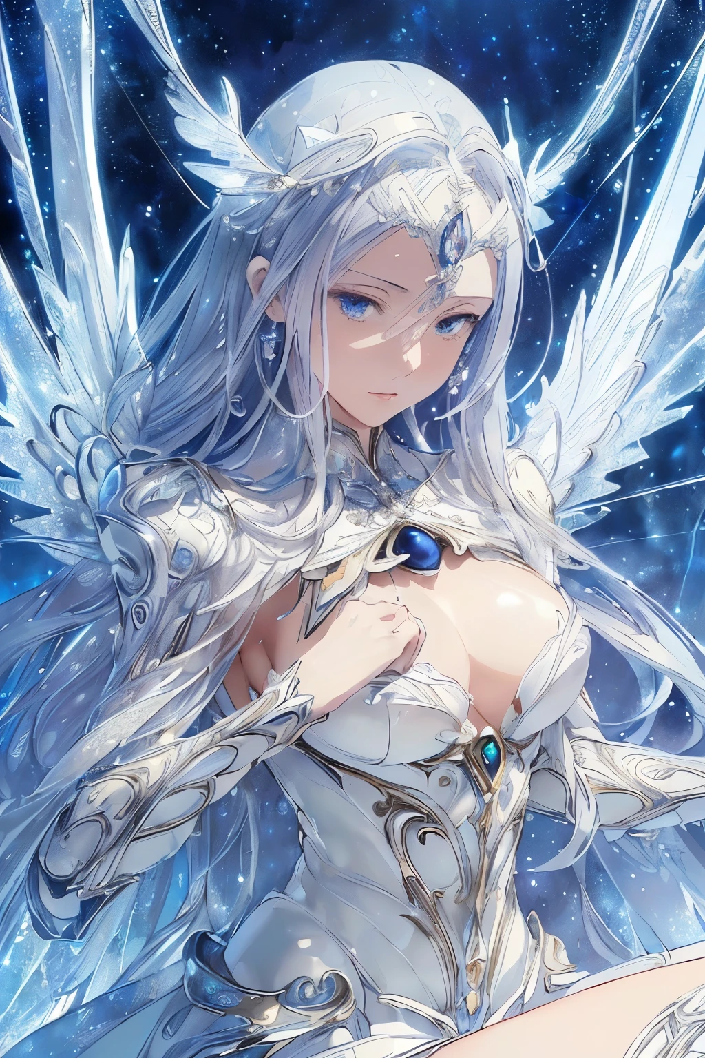 (((masterpiece))), (((highest quality))), ((ultra-detailed)), ((super fine illustration)), ((ultra-fine painting)), (upper body:1.2), (Highly detailed and delicate illustration style:1.8), detailed skin texture, detailed metal texture, detailed cloth texture, extreme detailed description, (T-masterpiece), (highly detailed face:1.2), (highly detailed fingers:1.2), original, raw photo, professional, Intricate details, super details, intricate ornament details, (perfect anatomy:1.2), (perfect fingers:1.2), (sexy), (sexy), real, (Solo), ((A very beautiful and intelligent mechanized angel woman who is the head court mage)) BRAKE Beautifully shaped small breasts, Beautifully shaped small buttocks, (Very detailed and delicate beautiful shiny silver hair that shines in rainbow colors, colorful hair:1.2), (Beautiful clear blue eyes that shine with great detail and delicate:1.2), (beautiful hands and fingertips:1.2) BRAKE ((sophisticated mechanism:1.4))Smooth and menacing design, (Highly detailed large pearl white Sleek symmetrical mechanical angle wings:1.4), ((A highly detailed and delicate ice and thunder magic divine mechanical armor dress that shines in sapphire blue and pearl white exclusively for the head court mage:1.3)), (Symmetrical Wings:1.6) BRAKE concept-art, Detailed science magic fantasy art, (Battle Pose), (chanting a spell:1.2), ((Highly detailed and cool Attack Magic Casting Pose)) BRAKE (Highly detailed and delicate magic circle:1.4), (Highly detailed and delicate starry sky:1.2), (Highly detailed and delicate Crystal of snow and lightning background:1.3), other world, No robot, (Geometric patterns), (colorful confetti:1.15), (8K highest quality wallpaper:1.4), (Highly detailed and delicate background:1.2) BRAKE (NSFW) BREAK