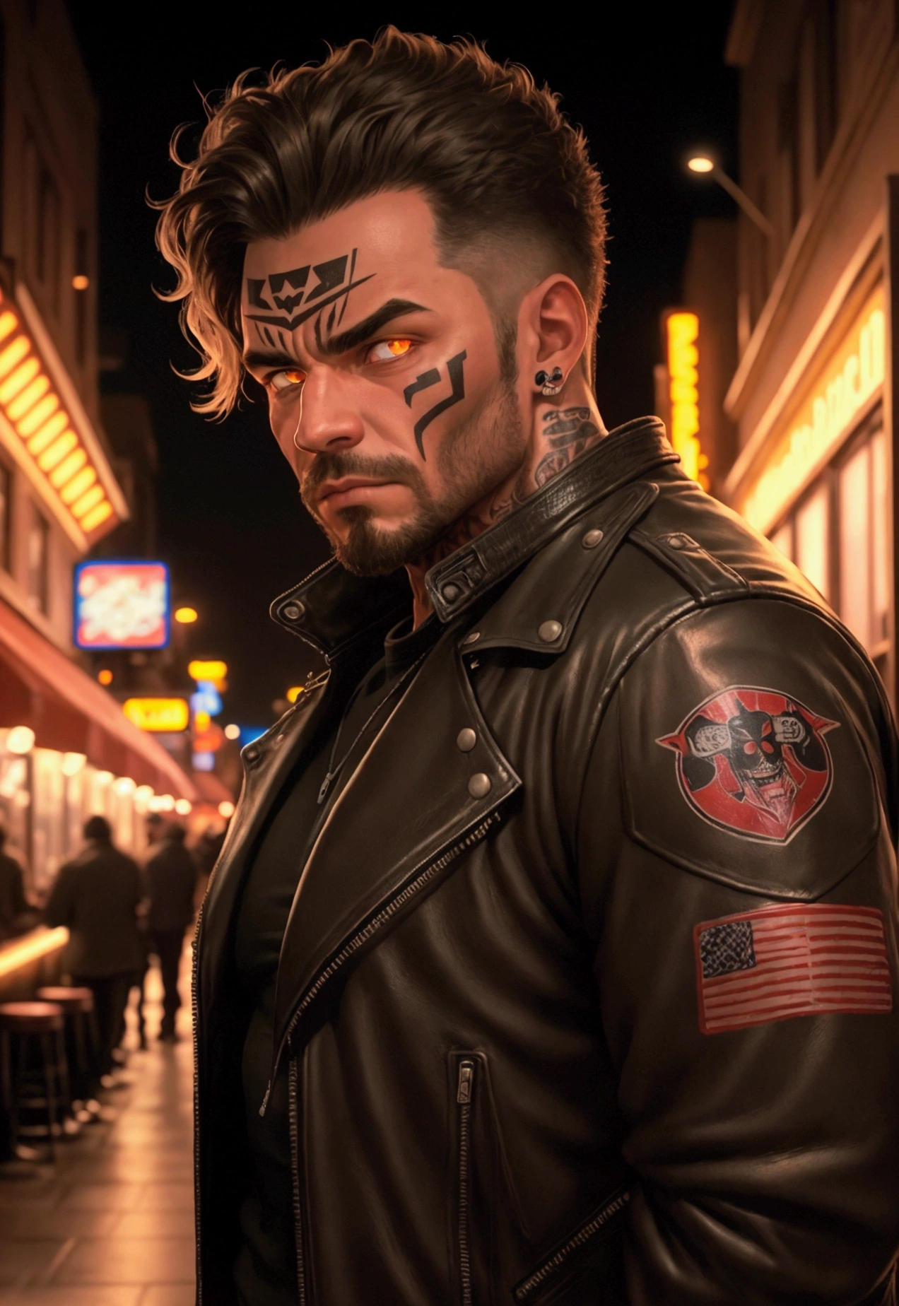 strong man adult at night in a bar in 1998 year, low light glowing eyes protrait street style clothes, leather jacket and a face tattoo