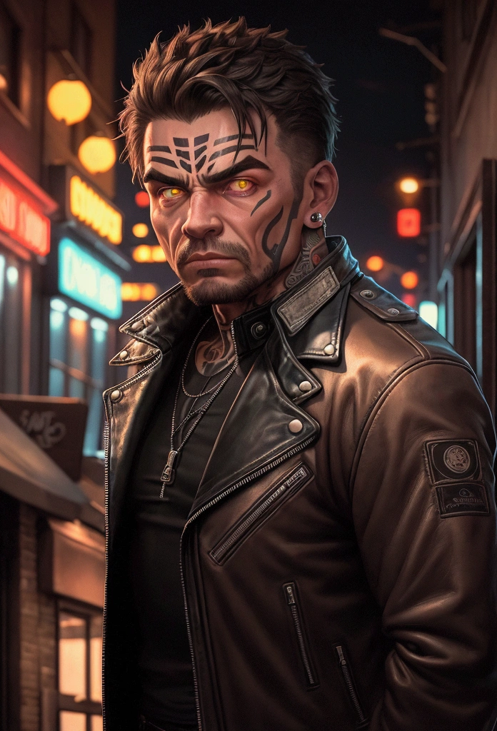 strong man adult at night in a bar in 1998 year, low light glowing eyes protrait street style clothes, leather jacket and a face tattoo