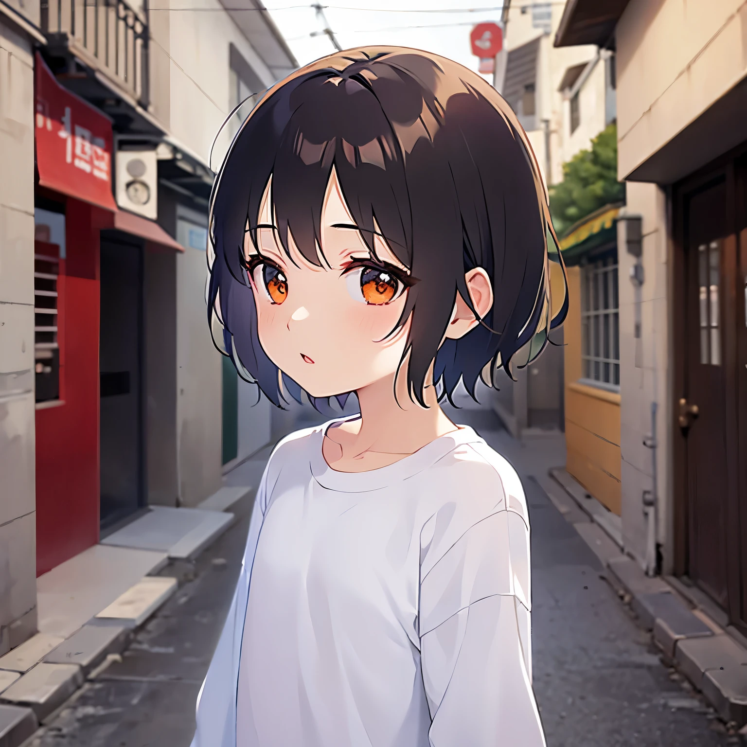 (looking away:1.5),Upper Body,
child、masterpiece、Highest quality、 (Short hair with brown bangs) and (Orange eyes) and (5 year old boy:1.5)、Boy,
(White long sleeve shirt)、
scared, Are standing、The background is a back alley at night、The upper body is shown、Alone、
