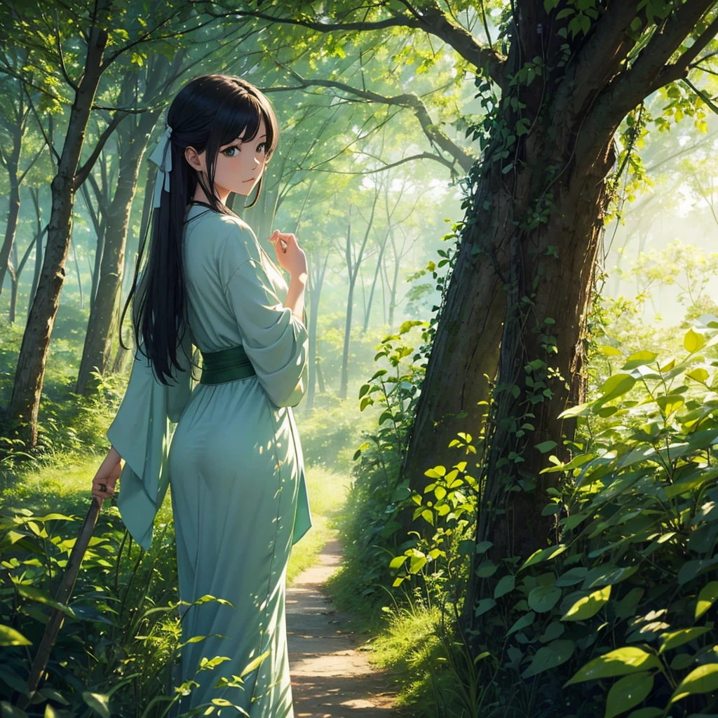 4K,Every green空 carries the promise of a new dawn, Paving the way for a beautiful beginning,Beautiful Nature Paintings. green,green空, green、There is a woman in the photo.、Rear view、evening、