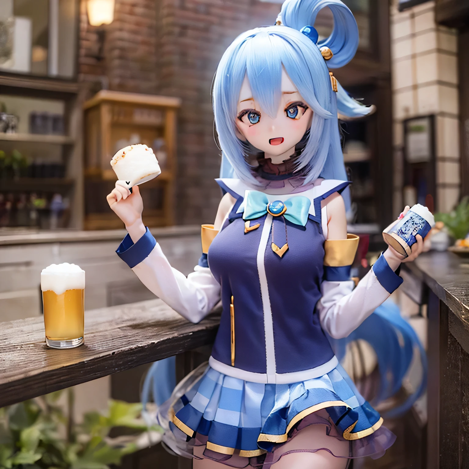 (a young girl and) Blue Hair, (wear) a white and blue dreSS, (Holding) staff, (Standing) wealthy, Vibrant Gardens, (and) At the bar (Holding a mug and drinking beer) Around her, (Down) Clear blue sky.(((((punch)))))
(Portraiture) girl&#39;S, (Realistic) rendering, (and) (Very detailed) Features, (Inclusive) Sparkling Blue EyeS, (薔薇Farbeの) lips, and (length) eyelash.
(Highest quality, 4K, High resolution) image, (and) (vivid) Farbe, (Emphasis expressed) girl&#39;s and lively appearance.
(the garden iS filled and)  (end) a warm and inviting atmoSphere, (and) Light up the scene.villain poSe
have a magic wand (((open your mouth and laugh)))