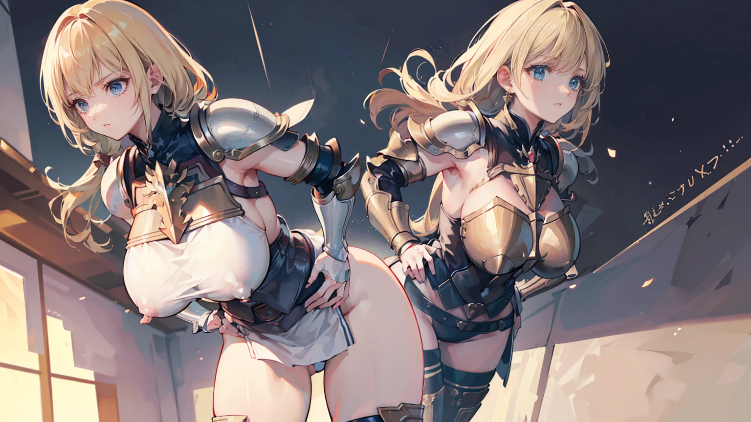 (8k, best quality, masterpiece:1.2),\(Eye details\),\(Facial features\),(\(Clothes detail details\)\),full body,,(Facial focus) ,Very detailed CG unity 8K wallpaper, Huge file size, Super detailed, a high resolution, absurd, beautiful eyes, Ray tracing, dramatic shadows, all fours, back view, looking back, fine details ,Dramatic angles, Hyper-detailing,(1:1.3),(Solo),mature female, milf, motherly,(blondy:1.2), twintail hairstyle, air bangs, tall body, Iron armor,(Breastplate:1.3),Pegasus Knight Uniform, gigantic breasts, puffy nipple:1.4, large breasts, sagging breasts, slim waist,(hands on hips:1.2),Serious expression, watching the viewer,