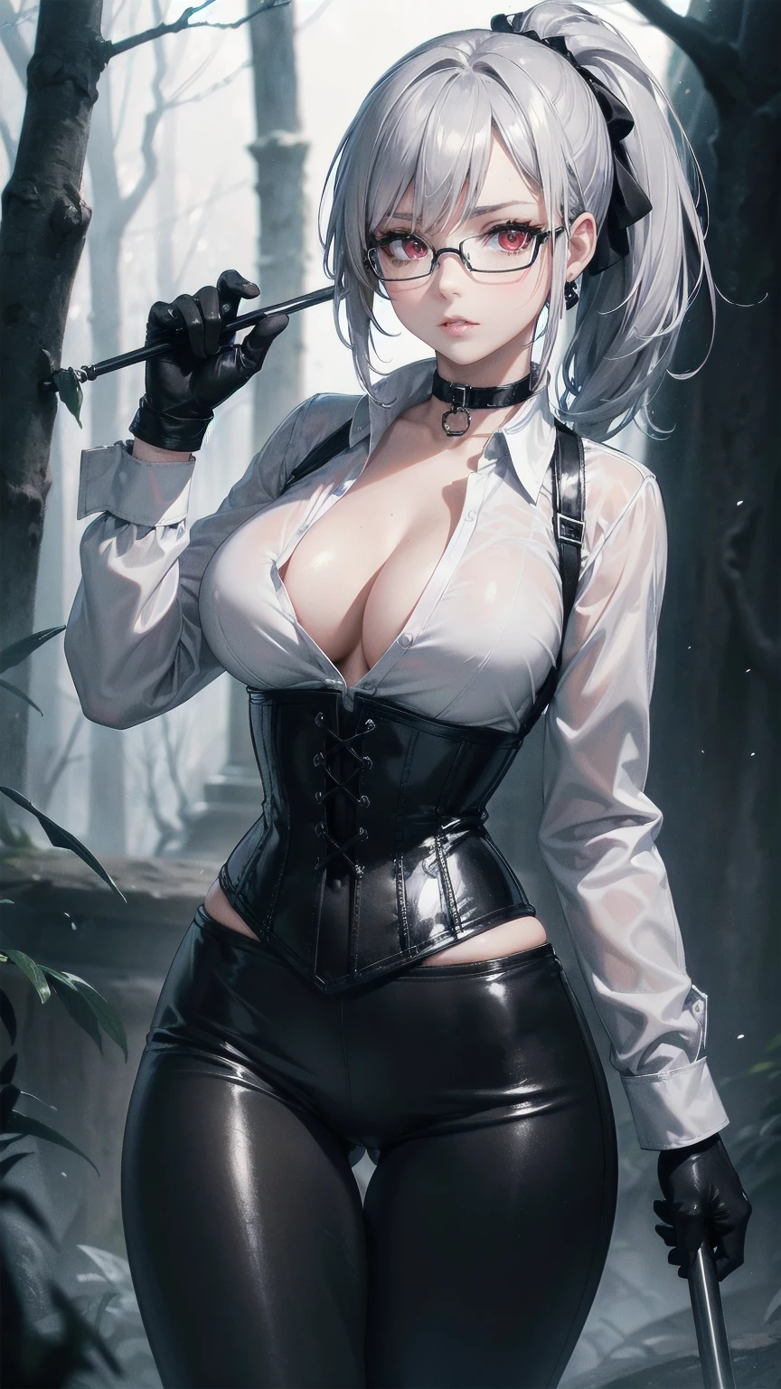 masterpiece, Superior image quality, High resolution, 4k image,photo and gross, photorealistic, whole body, 1 girl, standing, {{{vagina}}}, beautiful face, Silver hair short ponytail, Red eyes, very detailed eyes, shy expression, Glasses, choker:1.6, (white collar button down long sleeve shirt), black gloves, gloves that cover hands, holding a spear in his hand, (black leather corset), (shiny black leggings), Sensual Lips, show details in the eyes, View from the front, looking at the viewer, Dark forest, fog, at night