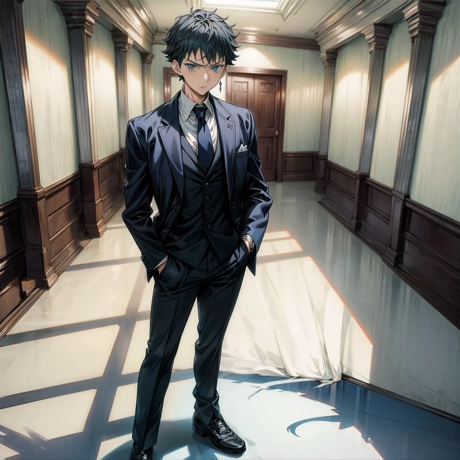 Solo character, full body version, , blue color hair, short Curly hairstyle, blue eyes, angry eyes, formal suit style clothing, white color clothing, red tie, black long pants, shoes, detailed shadow, indoor, Inn, evening, no people, standing gesture, employees, (black clover style art)