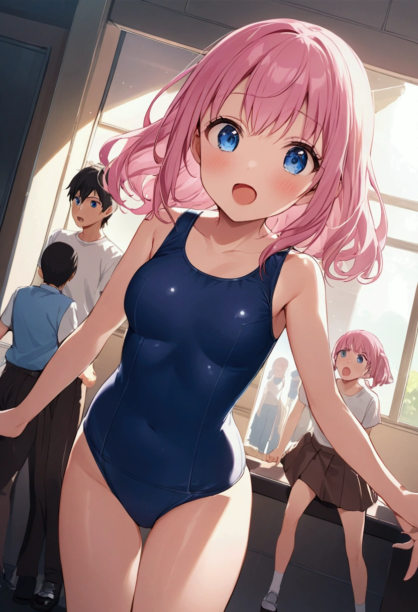 School Swimsuit、high school girl、5people、Girl with pink hair、blue eyes、Twin Drill、A scene from a movie