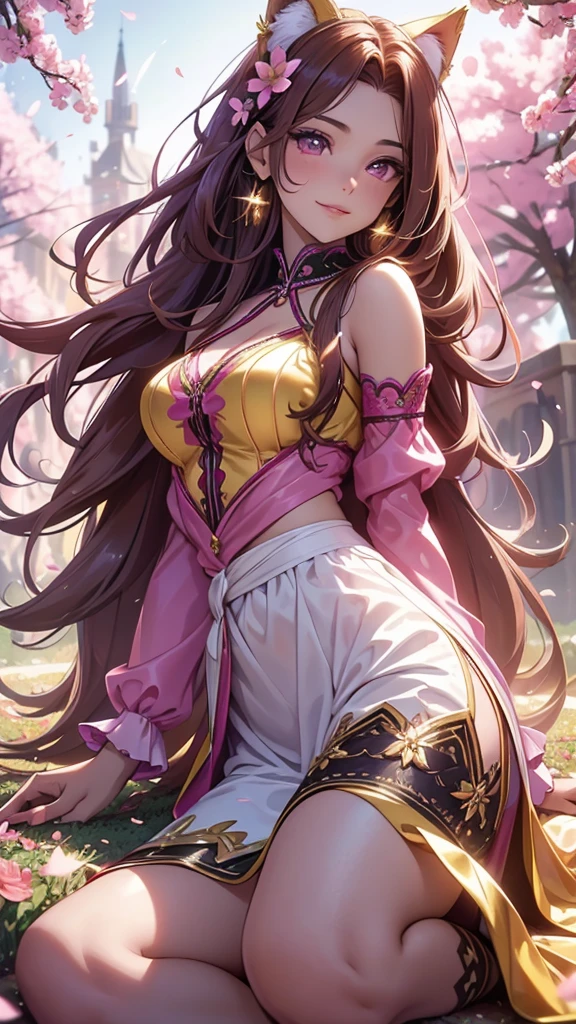 (best quality,4k,8k,highres,masterpiece:1.2),ultra-detailed,(realistic,photorealistic,photo-realistic:1.37),acrylic painting,beautiful Brazilian model in a uniform outfit red and gold with downy hair,beautiful Brazilian model with extremely colorful brown hair and detailed facial features,beautiful Brazilian model standing in a beautiful garden surrounded by a starry sky,brown hair,beautiful Brazilian model wearing a vibrant magenta uniform outfit,beautiful Brazilian model with intricate accessories,cat ears, ,beautiful Brazilian model with long flowing twintails,beautiful Brazilian model with bright brown eyes and rosy lips,beautiful Brazilian model with a joyful expression,beautiful Brazilian model in a dynamic pose with cherry blossoms falling around her,beautiful Brazilian model surrounded by colorful flowers and butterflies,beautiful Brazilian model's school uniform outfit adorned with cute bows and lace details Magenta,beautiful Brazilian model with an enchanting smile,beautiful Brazilian model with soft, pastel-colored shading,beautiful Brazilian model with a magical glow illuminating her,beautiful Brazilian model in a picturesque setting with a winding path leading to a magnificent castle,beautiful Brazilian model with a fairytale-like background,beautiful Brazilian model with a soft, dreamy atmosphere,beautiful Brazilian model with a subtle bokeh effect,beautiful Brazilian model standing under a sunny sky,beautiful Brazilian model with a warm, golden sunset in the background,beautiful Brazilian model surrounded by twinkling stars and colorful nebulae,creating an ethereal and captivating artistic masterpiece, sitting down, facing camera. 
