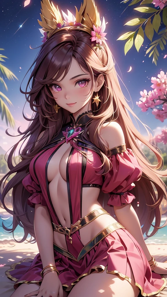 (best quality,4k,8k,highres,masterpiece:1.2),ultra-detailed,(realistic,photorealistic,photo-realistic:1.37),acrylic painting,beautiful Brazilian model in a uniform outfit red and gold with downy hair,beautiful Brazilian model with extremely colorful brown hair and detailed facial features,beautiful Brazilian model standing in a beautiful garden surrounded by a starry sky,brown hair,beautiful Brazilian model wearing a vibrant magenta uniform outfit,beautiful Brazilian model with intricate accessories,cat ears, ,beautiful Brazilian model with long flowing twintails,beautiful Brazilian model with bright brown eyes and rosy lips,beautiful Brazilian model with a joyful expression,beautiful Brazilian model in a dynamic pose with cherry blossoms falling around her,beautiful Brazilian model surrounded by colorful flowers and butterflies,beautiful Brazilian model's school uniform outfit adorned with cute bows and lace details Magenta,beautiful Brazilian model with an enchanting smile,beautiful Brazilian model with soft, pastel-colored shading,beautiful Brazilian model with a magical glow illuminating her,beautiful Brazilian model in a picturesque setting with a winding path leading to a magnificent castle,beautiful Brazilian model with a fairytale-like background,beautiful Brazilian model with a soft, dreamy atmosphere,beautiful Brazilian model with a subtle bokeh effect,beautiful Brazilian model standing under a sunny sky,beautiful Brazilian model with a warm, golden sunset in the background,beautiful Brazilian model surrounded by twinkling stars and colorful nebulae,creating an ethereal and captivating artistic masterpiece, sitting down, facing camera.