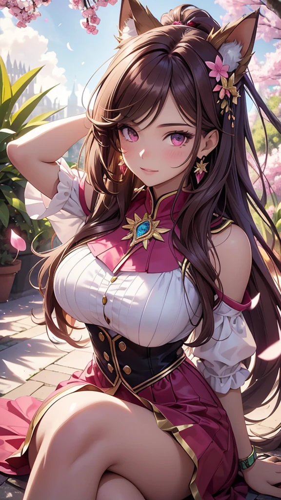 (best quality,4k,8k,highres,masterpiece:1.2),ultra-detailed,(realistic,photorealistic,photo-realistic:1.37),acrylic painting,beautiful Brazilian model in a uniform outfit red and gold with downy hair,beautiful Brazilian model with extremely colorful brown hair and detailed facial features,beautiful Brazilian model standing in a beautiful garden surrounded by a starry sky,brown hair,beautiful Brazilian model wearing a vibrant magenta uniform outfit,beautiful Brazilian model with intricate accessories,cat ears, ,beautiful Brazilian model with long flowing twintails,beautiful Brazilian model with bright brown eyes and rosy lips,beautiful Brazilian model with a joyful expression,beautiful Brazilian model in a dynamic pose with cherry blossoms falling around her,beautiful Brazilian model surrounded by colorful flowers and butterflies,beautiful Brazilian model's school uniform outfit adorned with cute bows and lace details Magenta,beautiful Brazilian model with an enchanting smile,beautiful Brazilian model with soft, pastel-colored shading,beautiful Brazilian model with a magical glow illuminating her,beautiful Brazilian model in a picturesque setting with a winding path leading to a magnificent castle,beautiful Brazilian model with a fairytale-like background,beautiful Brazilian model with a soft, dreamy atmosphere,beautiful Brazilian model with a subtle bokeh effect,beautiful Brazilian model standing under a sunny sky,beautiful Brazilian model with a warm, golden sunset in the background,beautiful Brazilian model surrounded by twinkling stars and colorful nebulae,creating an ethereal and captivating artistic masterpiece, sitting down, facing camera.