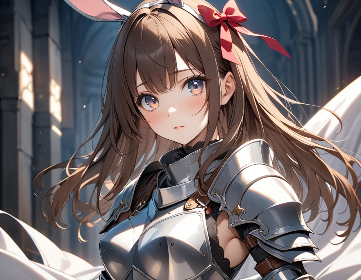 ((Best quality, 8k, Masterpiece: 1.3)), Sharp focus A beautiful woman with perfect body, Highly detailed face and skin texture, (Detailed eyes), rabbit ears, hime cut, brown hair, hair bow, ribbon, pupils sparkling, tareme, (knight wearing steel armor), cowboy shot