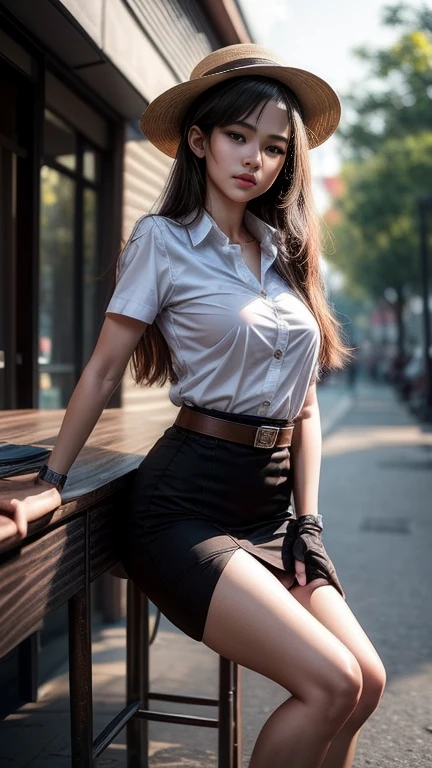 Thai university uniform, white short-sleeve button up shirt:1.2, black tight mini skirt:1.2, brown suede belt:1.2, silver metal shirt buttons:1.2, black straight long hair, masterpiece、beautiful girl、highest quality, High resolution, (reality: 1.4), Cinema Lighting,so beautiful、Beautiful Skin、(super reality)、(High resolution)、(8k)、(Very detailed)、(Very detailed)、 Detailed face, 20, perfect figure, perfect body proportions, torn skirt:1.2, silhouette shirt:1.3, luffy hat, luffy red jacket