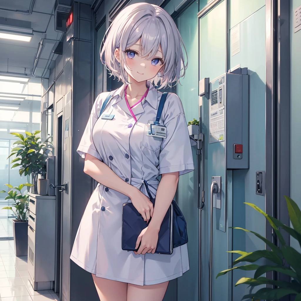 Nursing Aide Jobs. high resolution and detailed depiction. Please create an anime-style illustration of a young nurse aide. Display to the top of the head.Please create an anime-style illustration of a young nurse aide. She has soft, wavy short hair in a silver color with a subtle pink-purple tint. Her eyes are large, expressive, and blue, with a gentle yet serious expression. She is wearing light blue or white scrubs with a name tag. She is standing in a brightly lit hospital corridor, with plants and medical equipment in the background. The lighting is soft, casting gentle shadows to enhance the atmosphere. She is smiling.