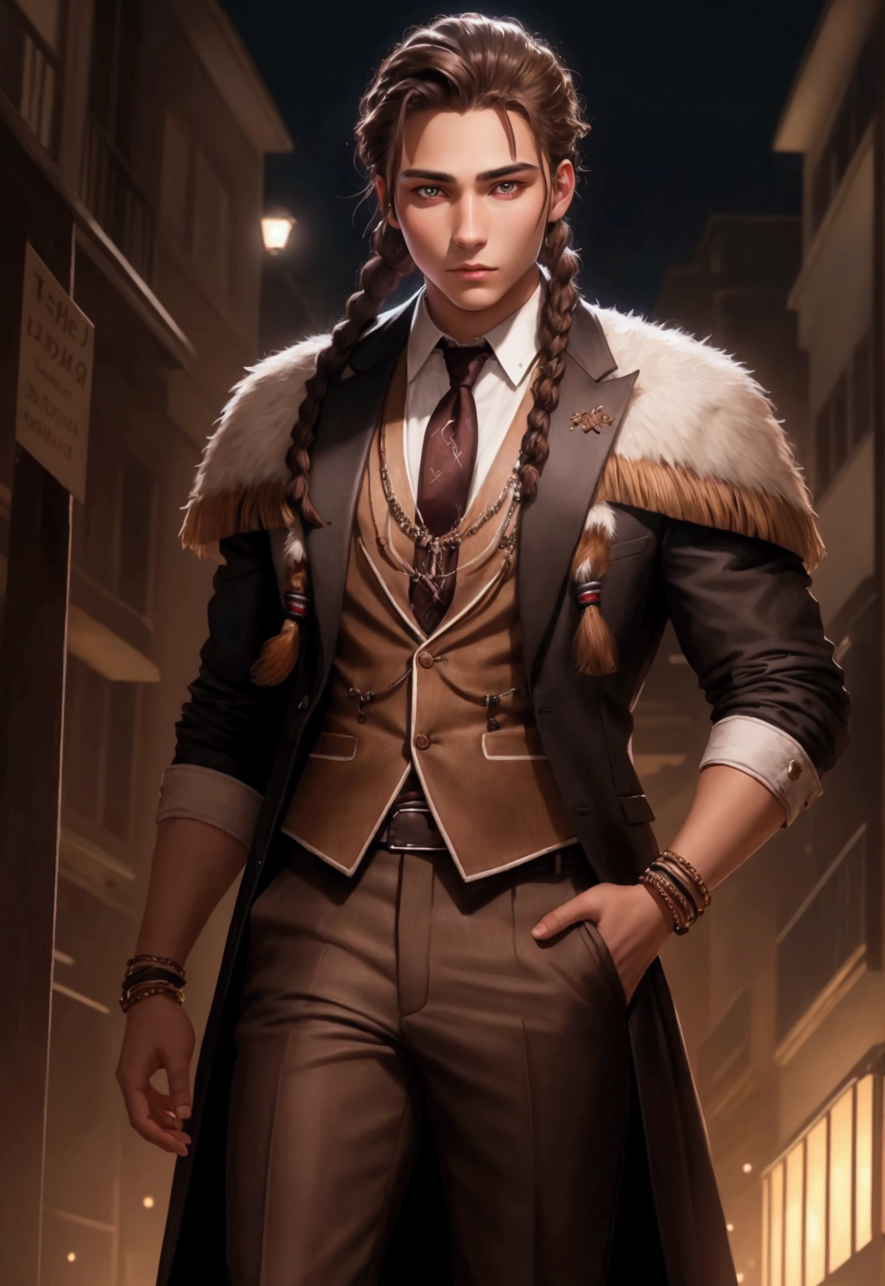 young adult man indiginous well-dressed with accessory indiginous at night braided hair glowing brown eyes protrait