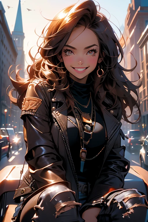 Perfect face. Perfect hands. A brown haired woman with copper eyes and an hourglass figure in a black leather jacket and ripped jeans is laying on the roof of a library with a big smile