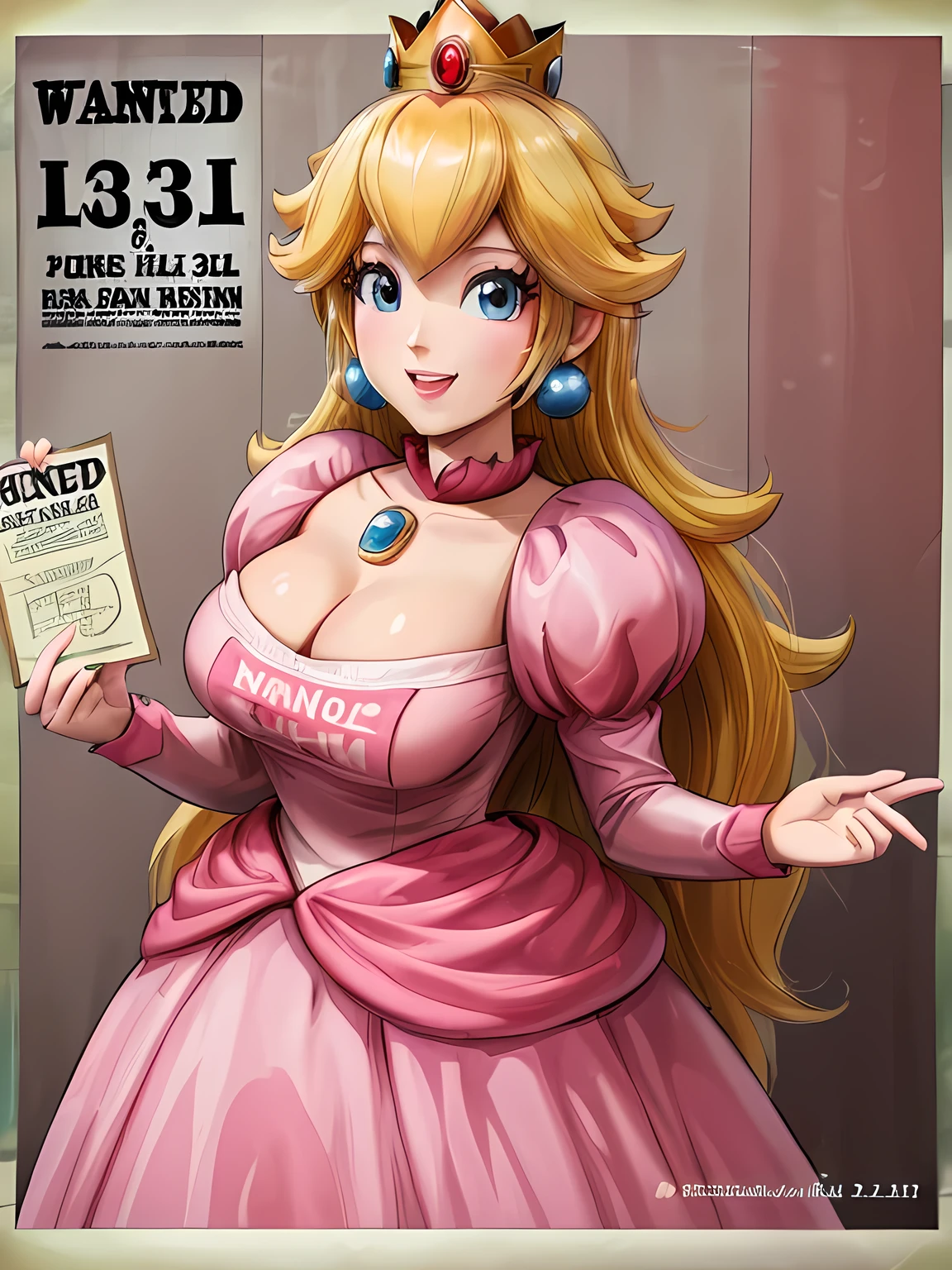 (((Wanted poster:1.37, "Wanted" is written in large letters:1.37))), Princess Peach, ((Close-up shot, grin)), pink dress, (Mosaic-effect on eyes), brooch, puffy sleeves, lipstick, smooth skin, crowns, earrings, Blonde Hair, background is the Super Mario World, Beautiful Face, Highly detailed CG, Super detailed, ((masterpiece, best quality, high resolution)), Fugitive warrant,