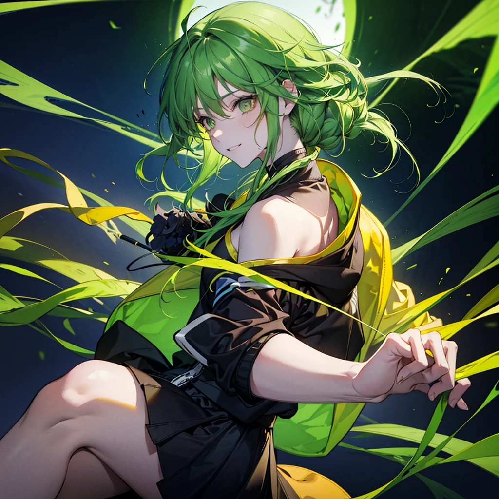 Yellow-green hair,Braiding,woman,Bend your elbows,smile,Black hoodie with droopy ears,Student skirt,cute,profile,Gamer、Wearing a hoodie,sit,Relax at the cafe,Peace under the chin,Hair that reaches the shoulders,Calm