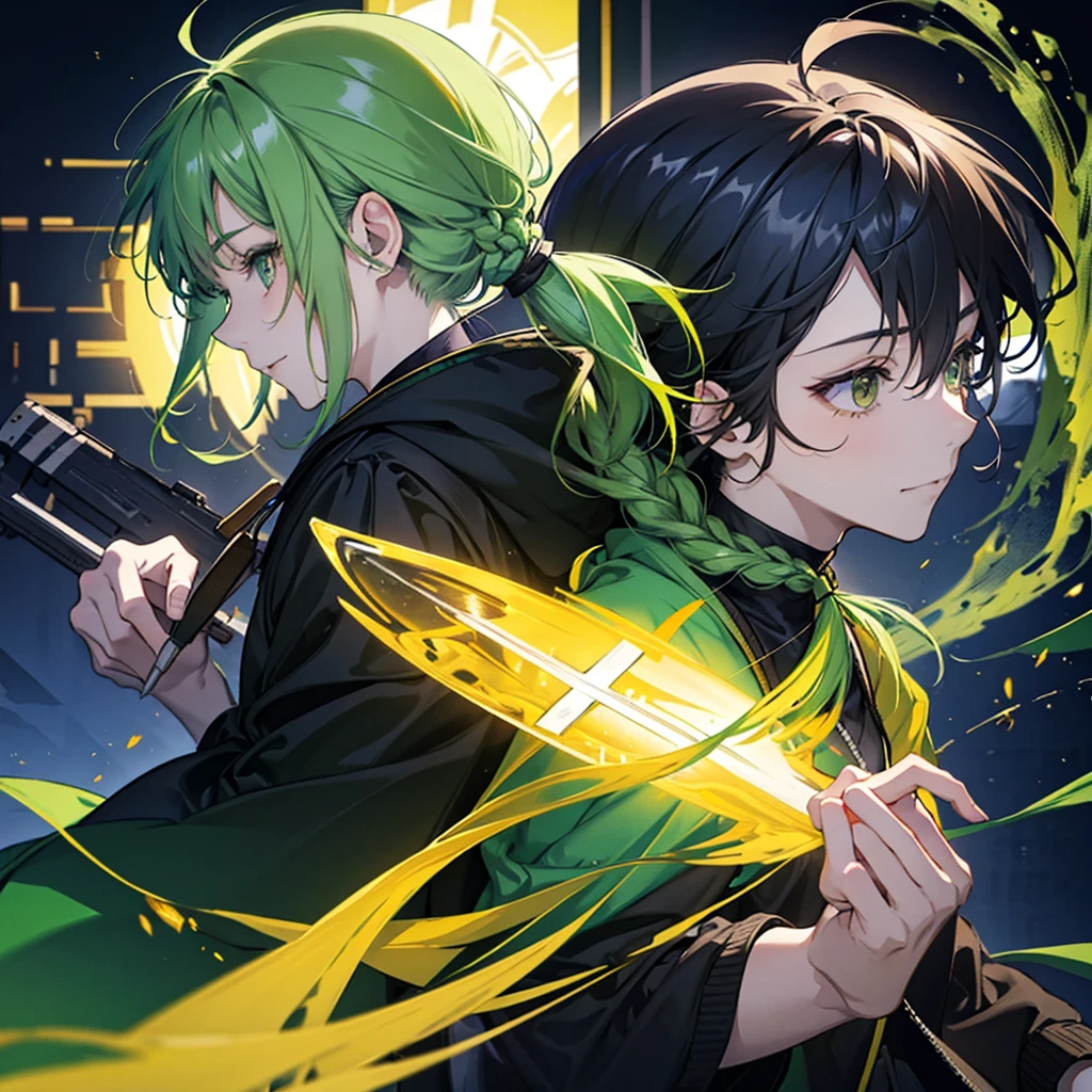 Yellow-green hair,Braiding,woman,Bend your elbows,smile,Black hoodie with droopy ears,Student skirt,cute,profile,Gamer、Wearing a hoodie,sit,Relax at the cafe,Peace under the chin,Hair that reaches the shoulders,Calm