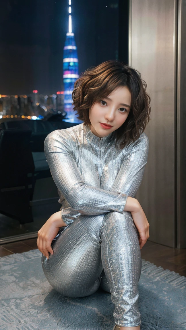 A stylish woman with short, curly hair, wearing a futuristic silver jumpsuit. sitting on the floor, (hugging legs:1.2), inside a room at night, with bright, colorful lights and towering skyscrapers in the background. The scene is vibrant and dynamic, with a focus on the citys energy and modern fashion.