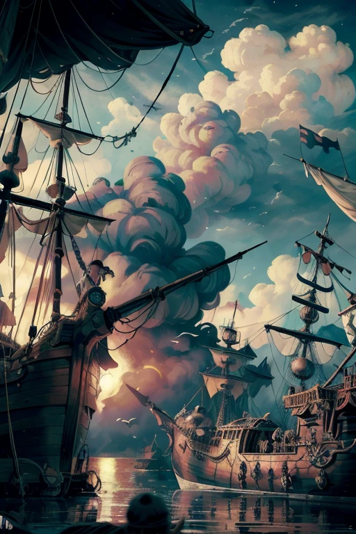 (8k, Highest quality, masterpiece)，Pirate War, Pirates ship war fighting each other, epic pirate battle, cannon fire, pirate ship war, detailed pirate ship, chaotic battle scene, stormy sea, dark clouds, fire and smoke, Pirate war fierce conflict war between pirates wearing pirate costumes, {Realistic, RAW Photos, Super Fine Clear, Impressionist painting, (Influenced by Impressionist painting:1.1)}, naval battle, Pirate Combat,  by W. Heath Robinson, 