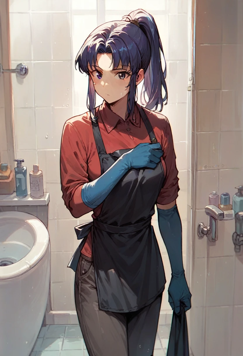 1girl, misato katsuragi, ponytail, ((blue half elbow gloves)), (red shirt), ((long sleeves)), (black apron), (pants), looking at viewer, standing, ((cleans the bathroom )), solo
