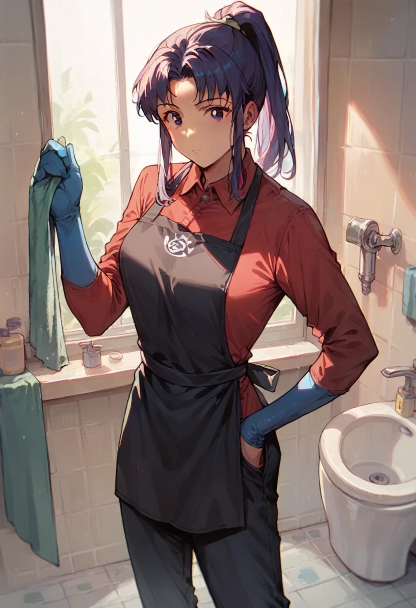 1girl, misato katsuragi, ponytail, ((blue half elbow gloves)), (red shirt), ((long sleeves)), (black apron), (pants), looking at viewer, standing, ((cleans the bathroom )), solo