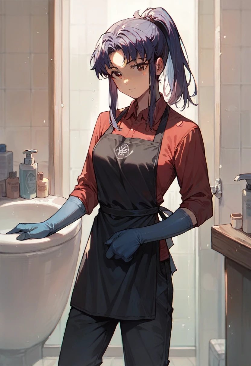 1girl, misato katsuragi, ponytail, ((blue half elbow gloves)), (red shirt), ((long sleeves)), (black apron), (pants), looking at viewer, standing, ((cleans the bathroom )), solo