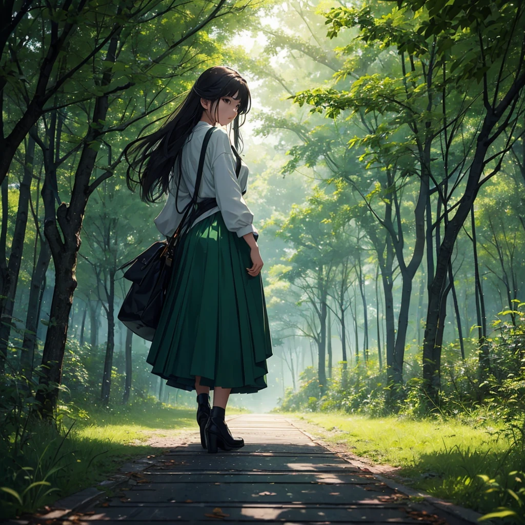 4K,Every green空 carries the promise of a new dawn, evening、Paving the way for a beautiful beginning,Beautiful Nature Paintings. green,green空, green、There is a woman in the photo.、Rear view、