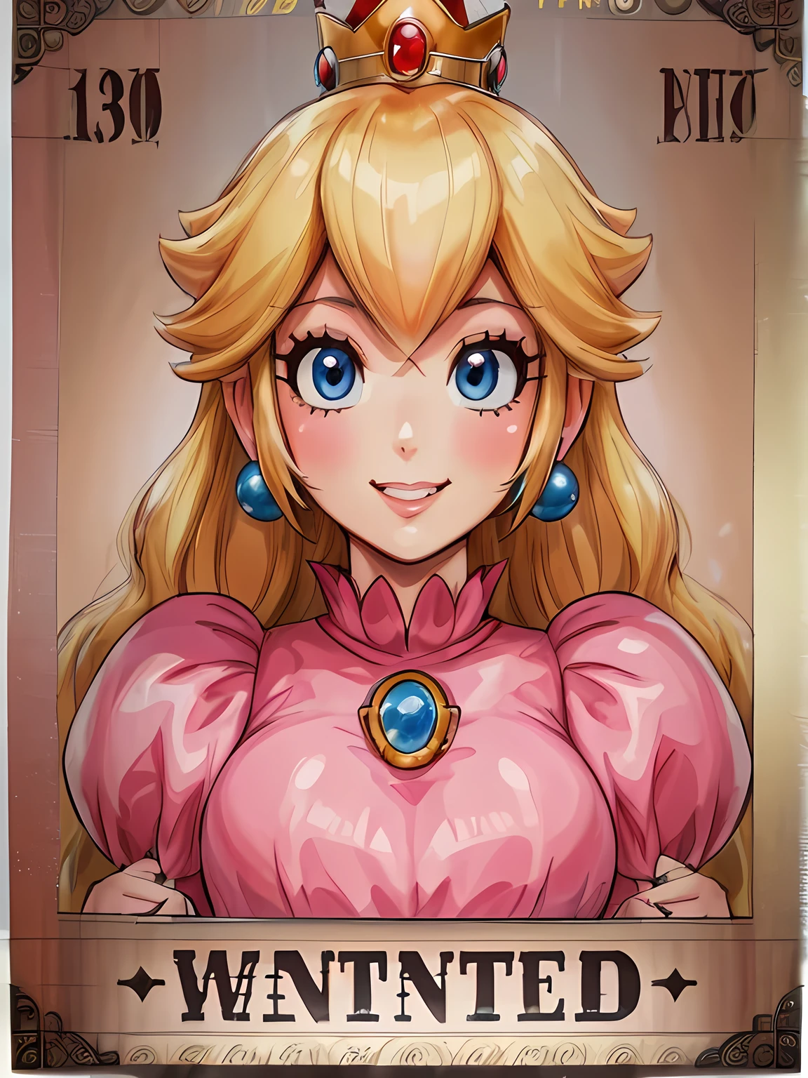 (((Wanted poster:1.37, "Wanted" is written in large letters:1.37))), Princess Peach, ((Close-up shot, grin)), pink dress, (Mosaic-effect on eyes), brooch, puffy sleeves, lipstick, smooth skin, crowns, earrings, Blonde Hair, background is the Super Mario World, Beautiful Face, Highly detailed CG, Super detailed, ((masterpiece, best quality, high resolution)), Fugitive warrant, 