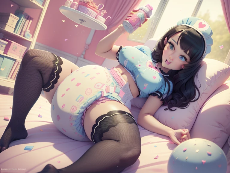 A confident mommydom wearing a big bulbous puffy diaper, heart emojis, bedroom, fishnet stockings, pretty eyes, seductive, flirty, colorful, puffy dress,  room, diapers, confetti, cake,Black Silk,Trojans,Maid costume,The girl is drinking from the bottle and holding a baby toy,She is wearing a nurse's uniform.