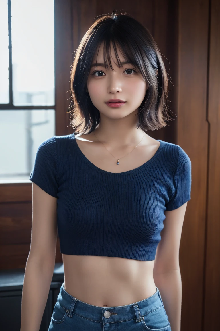 (8K, Raw photo, Highest quality, masterpiece:1.2), (Realistic, Photorealistic:1.37), Ultra-detailed, Ultra-high resolution, 1 girl, Seeing the viewer, Beautifully detailed face, Laughter, narrow, (Slim waist) :1.3), shortcut, Beautifully detailed skin, Skin texture, Dark hair, Short hair, Bob, Professional Lighting, (Blue short-sleeved summer knit), Human whole body