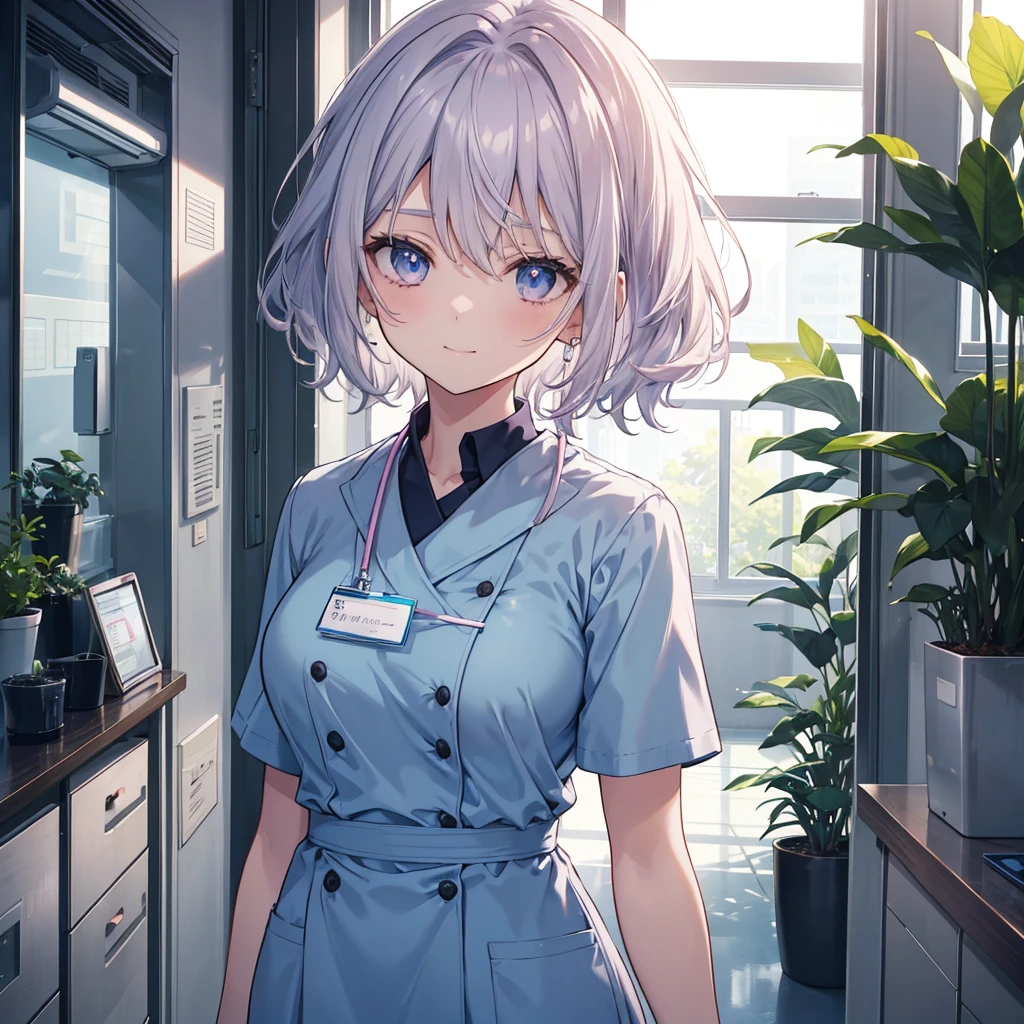 Nursing Aide Jobs. high resolution and detailed depiction. Please create an anime-style illustration of a young nurse aide. Display to the top of the head.Please create an anime-style illustration of a young nurse aide. She has soft, wavy short hair in a silver color with a subtle pink-purple tint. Her eyes are large, expressive, and blue, with a gentle yet serious expression. She is wearing light blue or white scrubs with a name tag. She is standing in a brightly lit hospital corridor, with plants and medical equipment in the background. The lighting is soft, casting gentle shadows to enhance the atmosphere. She is smiling.