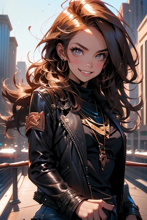 Perfect face. Perfect hands. A brown haired woman with copper eyes and an hourglass figure in a black leather jacket and ripped jeans is practicing magic on the roof of a library with a y grin