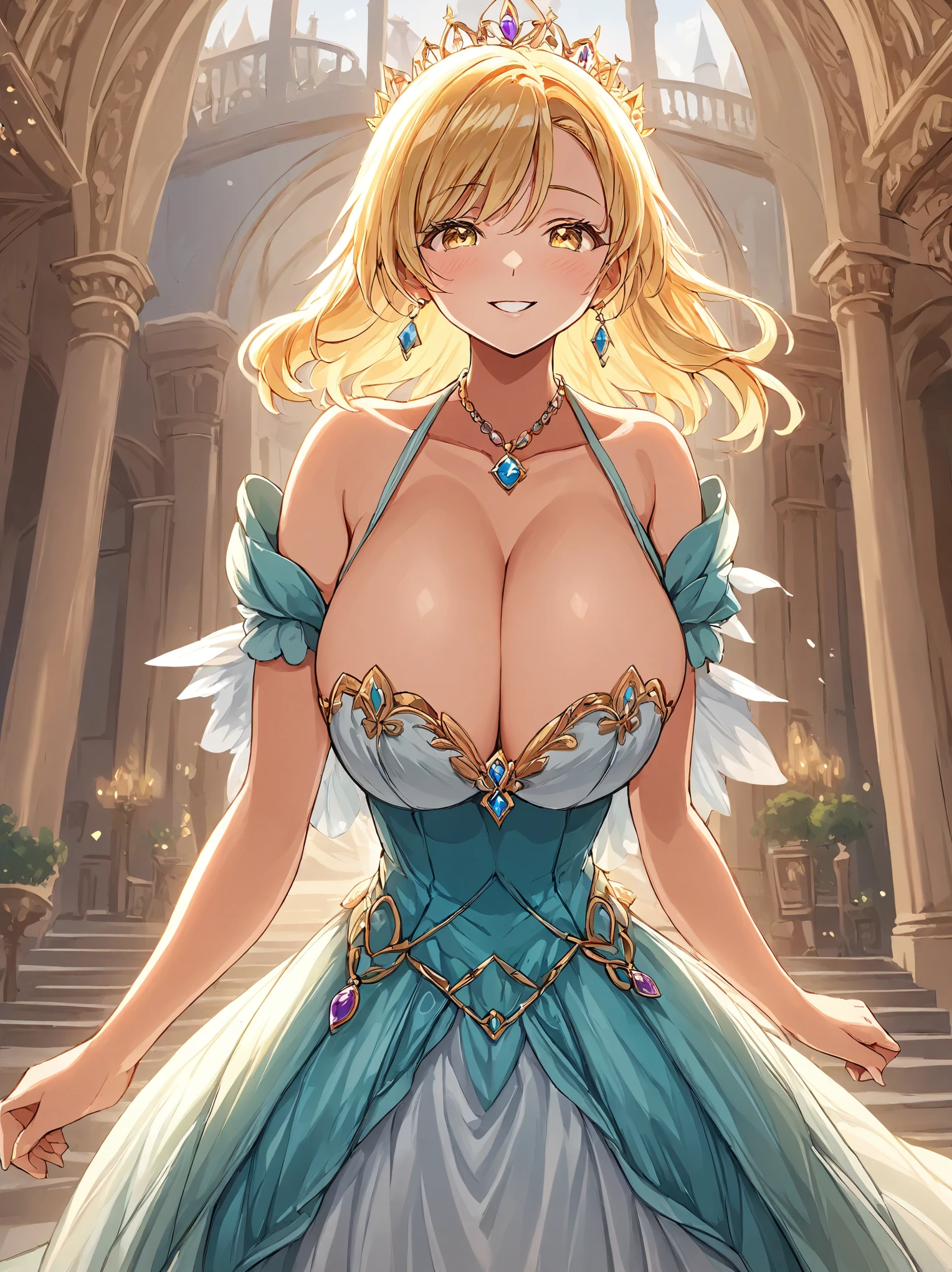 Highly detailed background, One Girl, alone, smile, Are standing, Saggy Breasts Geogios Palace, Fairy Queen, blonde, Princess Dress, Expose your shoulders, Cleavage, jewelry,