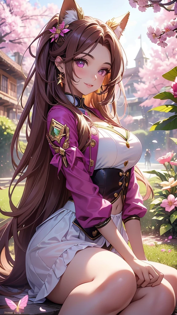 (best quality,4k,8k,highres,masterpiece:1.2),ultra-detailed,(realistic,photorealistic,photo-realistic:1.37),acrylic painting,beautiful Brazilian model in a uniform outfit red and gold with downy hair,beautiful Brazilian model with extremely colorful brown hair and detailed facial features,beautiful Brazilian model standing in a beautiful garden surrounded by a starry sky,brown hair,beautiful Brazilian model wearing a vibrant magenta uniform outfit,beautiful Brazilian model with intricate accessories,cat ears, ,beautiful Brazilian model with long flowing twintails,beautiful Brazilian model with bright brown eyes and rosy lips,beautiful Brazilian model with a joyful expression,beautiful Brazilian model in a dynamic pose with cherry blossoms falling around her,beautiful Brazilian model surrounded by colorful flowers and butterflies,beautiful Brazilian model's school uniform outfit adorned with cute bows and lace details Magenta,beautiful Brazilian model with an enchanting smile,beautiful Brazilian model with soft, pastel-colored shading,beautiful Brazilian model with a magical glow illuminating her,beautiful Brazilian model in a picturesque setting with a winding path leading to a magnificent castle,beautiful Brazilian model with a fairytale-like background,beautiful Brazilian model with a soft, dreamy atmosphere,beautiful Brazilian model with a subtle bokeh effect,beautiful Brazilian model standing under a sunny sky,beautiful Brazilian model with a warm, golden sunset in the background,beautiful Brazilian model surrounded by twinkling stars and colorful nebulae,creating an ethereal and captivating artistic masterpiece, sitting down, facing camera. 