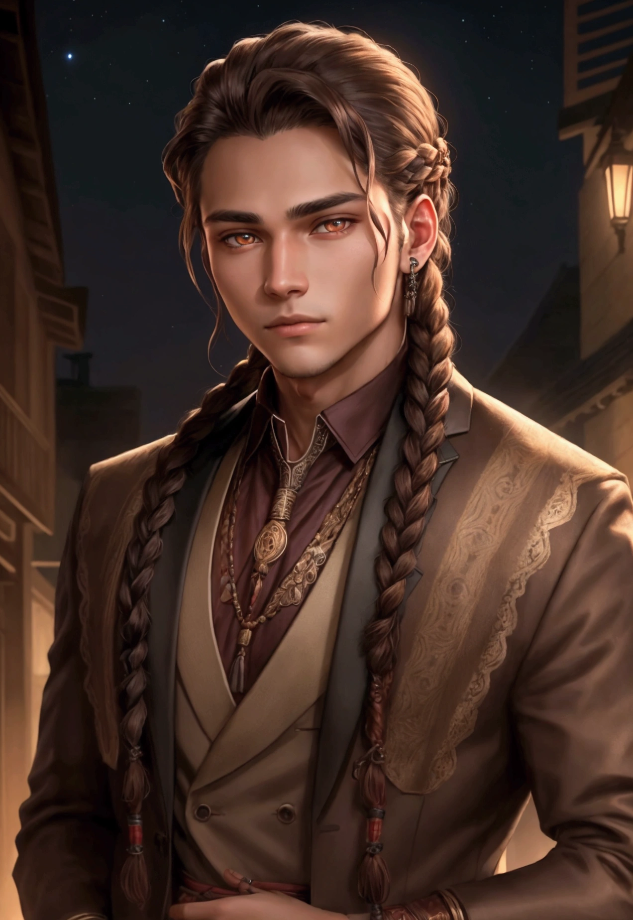 young adult man indiginous well-dressed with accessory indiginous at night braided hair glowing brown eyes protrait
