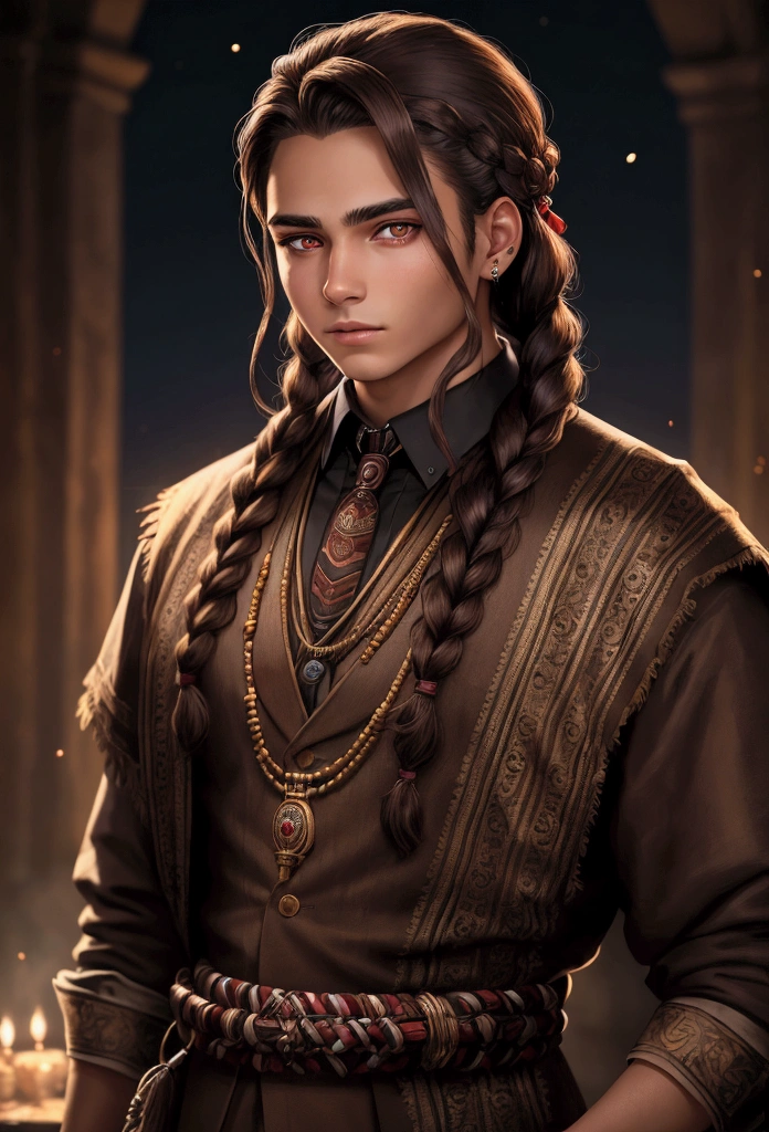 young adult man indiginous well-dressed with accessory indiginous at night braided hair glowing brown eyes protrait
